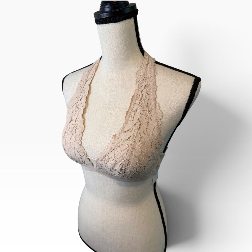 NWT Aerie Nude Tan Floral Lace Halter Bralette XS Neutral Everyday Comfort